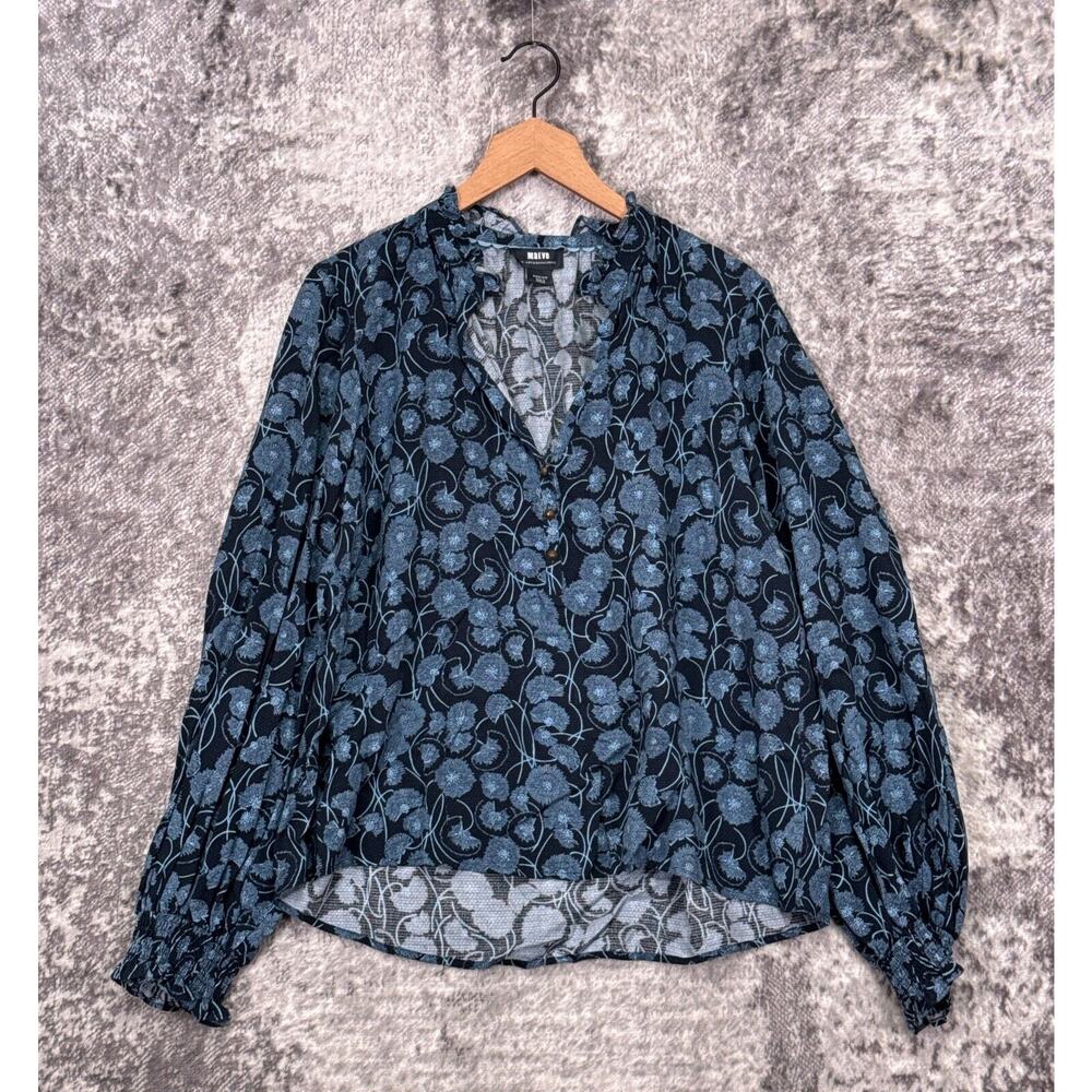Anthropologie Top Medium Womens Maeve Blue Floral Smocked Cuff Blouse